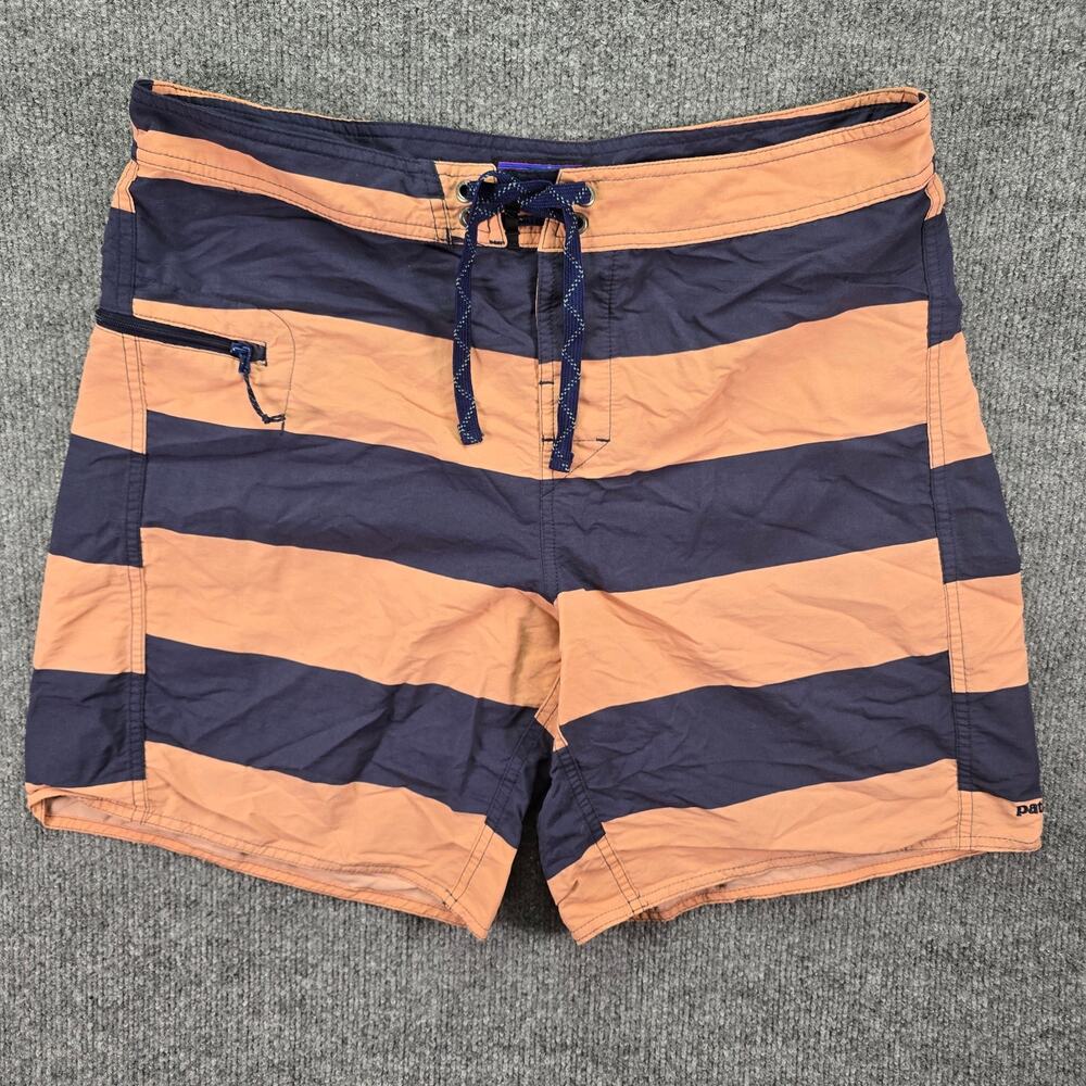 Patagonia Board Shorts Mens 34 8" Blue Peach Striped Drawstring Swim Trunks